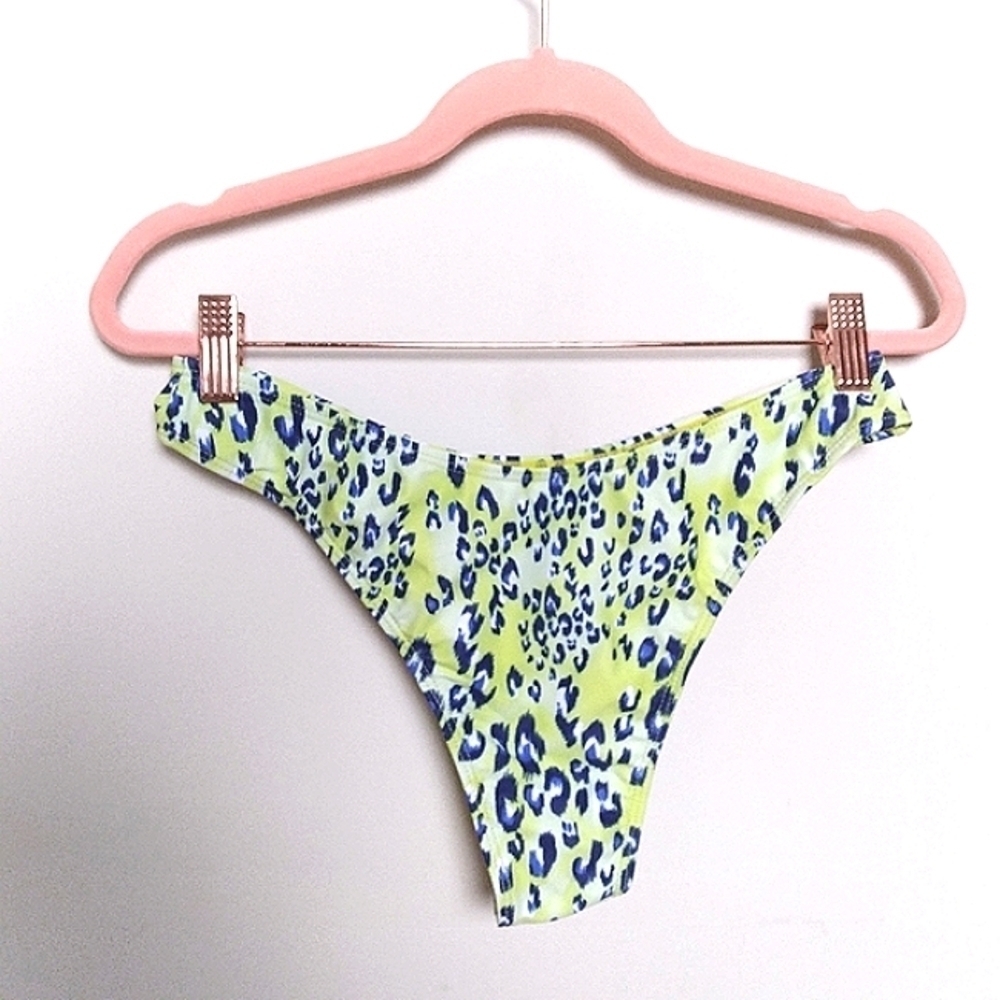 Shein Neon Green and Blue Leopard Print High Cut Bikini Bottom Size Large